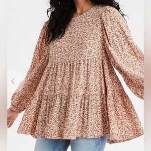American Eagle Outfitters Floral Peasant Tunic Top in Cream and Pink